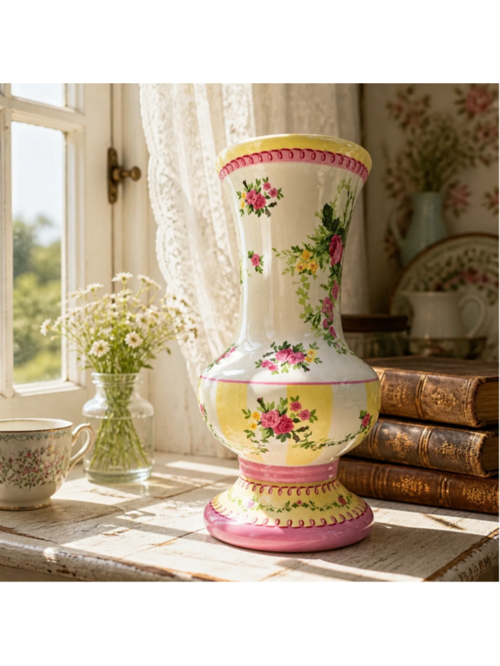 Vintage Laura Ashley Floral Vase White Yellow Cottagecore English Garden Whimsy